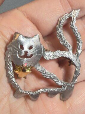 Ultracraft Vintage Cat Brooch Star Dangle OOAK Silver Tone 2"